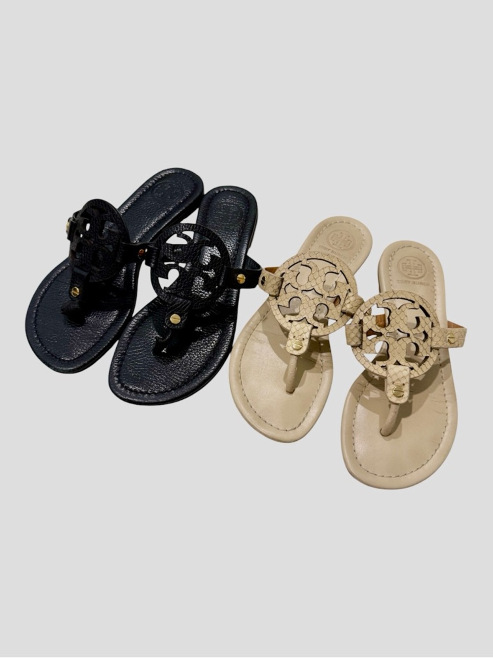 2 Pairs of Tory Burch Miller Thong Sandals in Black and Beige